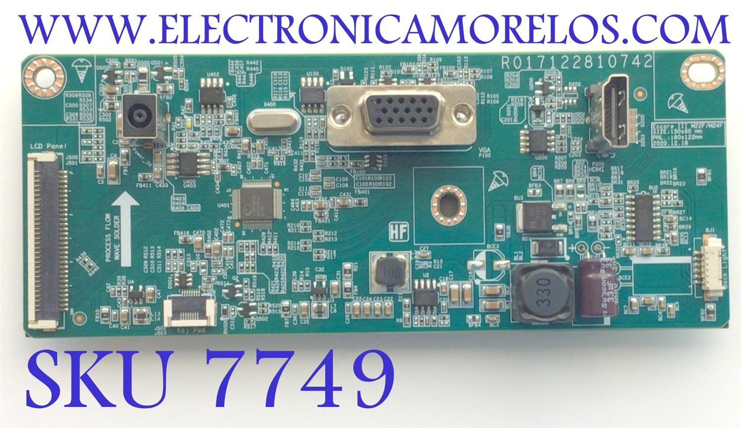 MAIN PARA MONITOR HP ORIGINAL / NUMERO DE PARTE R352442520150 / R017122810742 / 64M0CBM7X06982B / PANEL LM238WF2 (HS)(AK1) / MODELO HSD-0090-K